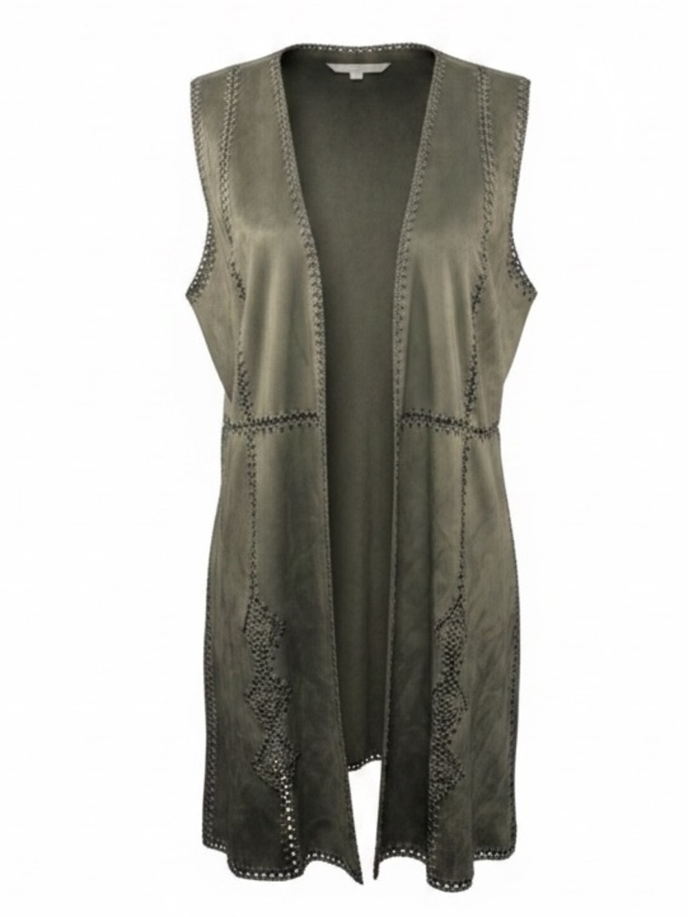 Chelsea and Theodore Vegan Olive Suede Crochet Open Front Vest Womens size Small